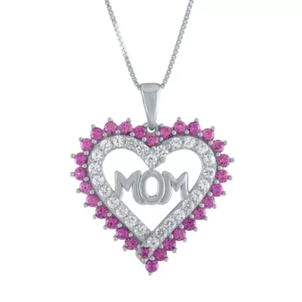 "Mom" Pink & White Lab-Created Sapphire Sterling Silver Heart Pendant Necklace