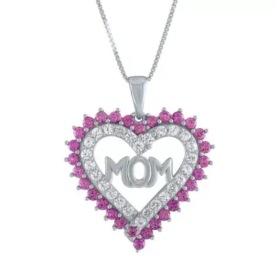 "Mom" Pink & White Lab-Created Sapphire Sterling Silver Heart Pendant Necklace