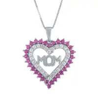 "Mom" Pink & White Lab-Created Sapphire Sterling Silver Heart Pendant Necklace