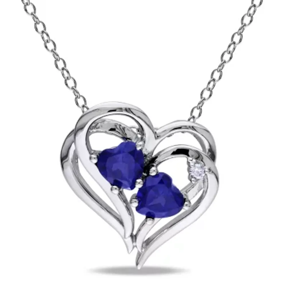 Womens Diamond Accent Lab Created Blue Sapphire Sterling Silver Heart Pendant Necklace