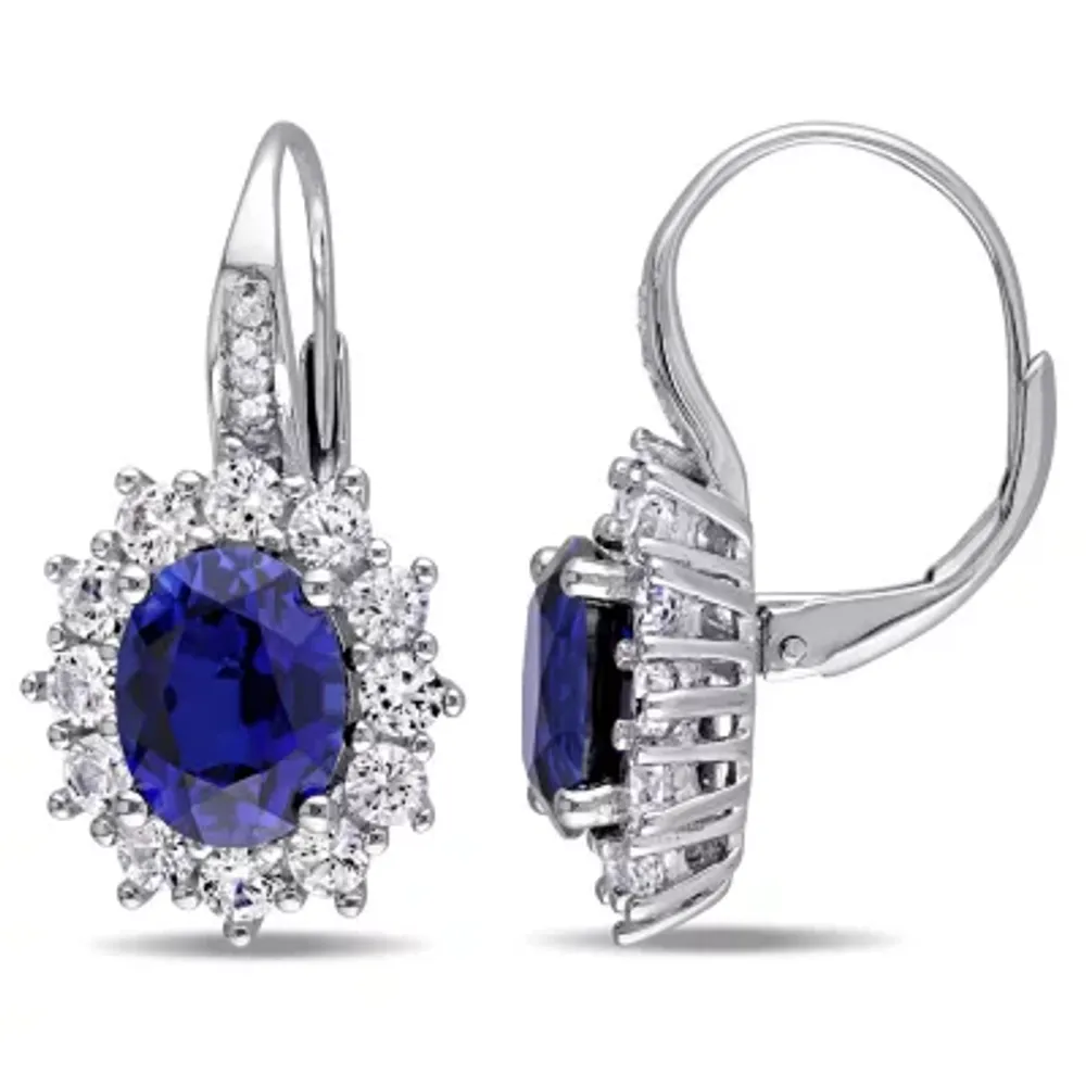 Diamond Accent Lab Created Blue Sapphire Sterling Silver Oval Drop Earrings