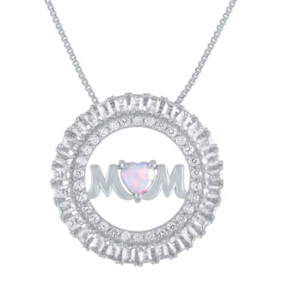 "Mom" Womens Lab Created White Opal Sterling Silver Pendant Necklace