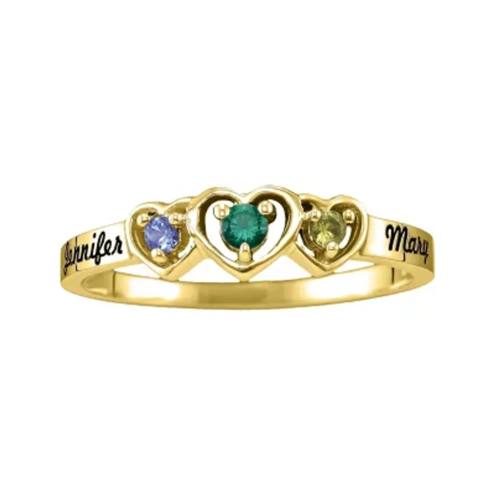 Personalized Womens Genuine Multi Color Stone 10K Gold Heart 3-Stone Cocktail Ring