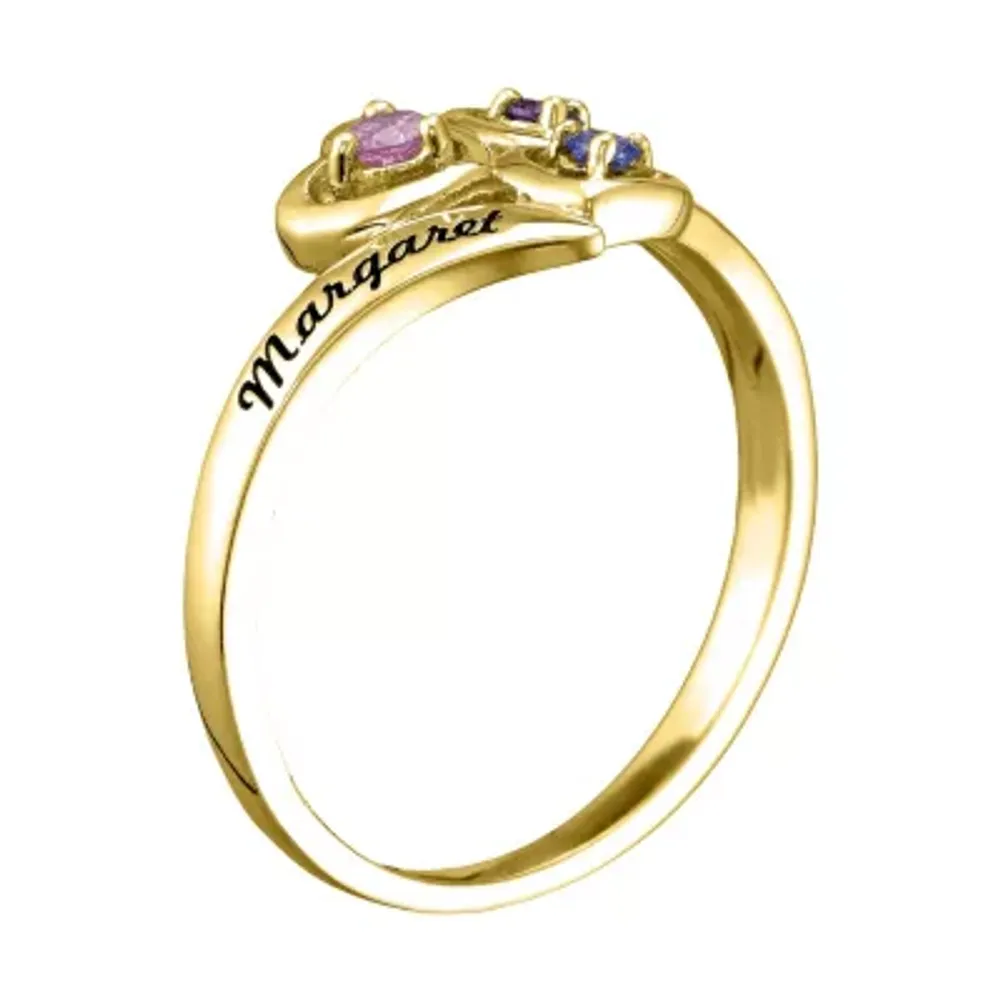 Womens Genuine Multi Color Stone 14K Gold Heart 3-Stone Cocktail Ring