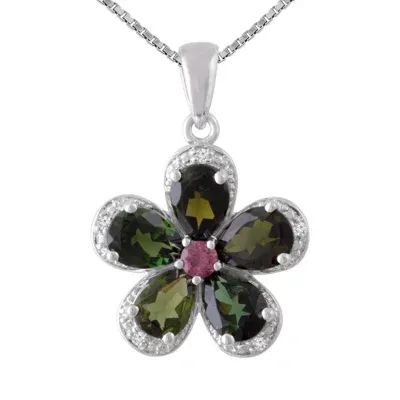 Womens Diamond Accent Green Tourmaline Sterling Silver Flower Pendant Necklace