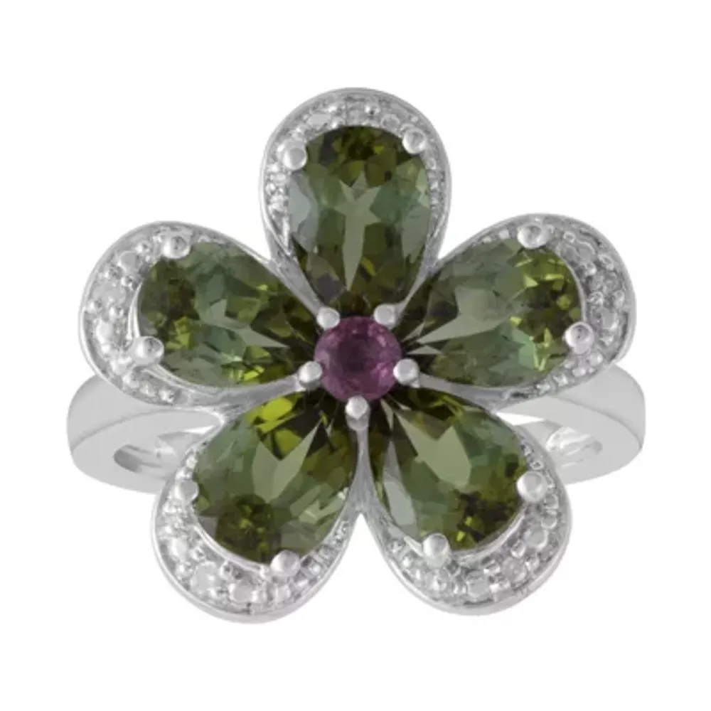 Womens Diamond Accent Green Tourmaline Sterling Silver Flower Cocktail Ring