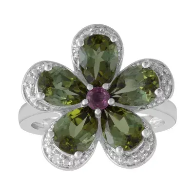 Womens Diamond Accent Green Tourmaline Sterling Silver Flower Cocktail Ring