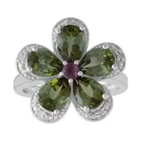 Womens Diamond Accent Green Tourmaline Sterling Silver Flower Cocktail Ring