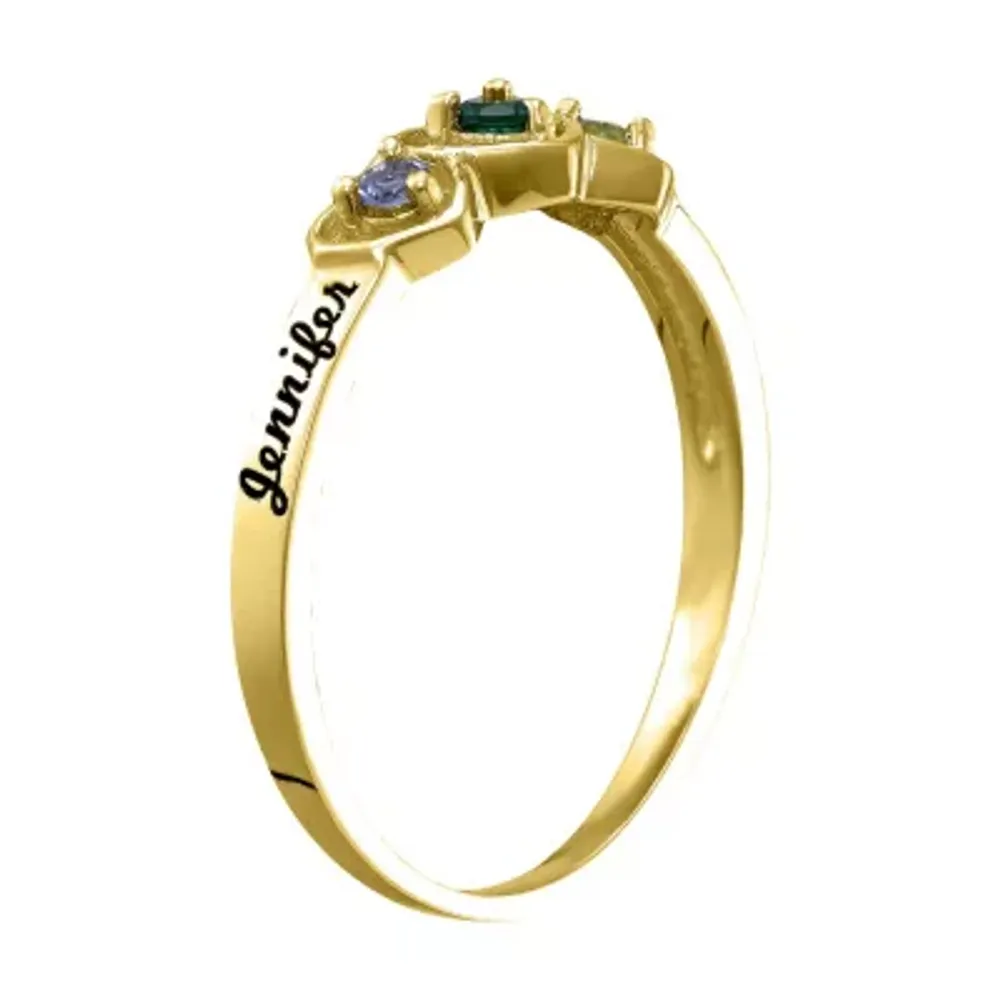 Personalized Womens Simulated Multi Color Stone 10K Gold Heart 3-Stone Cocktail Ring