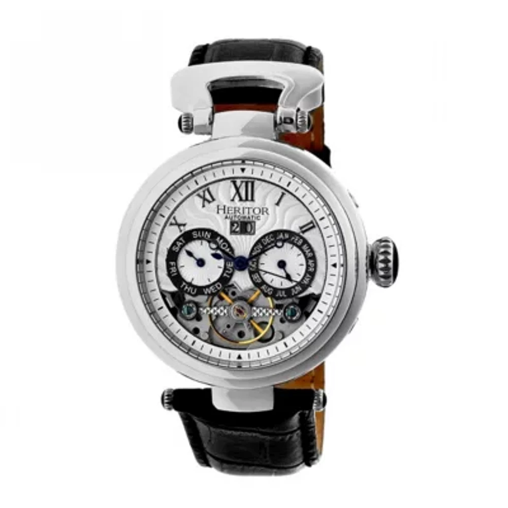 Heritor Automatic Ganzi Mens Leather Day&Date-Silver Watches