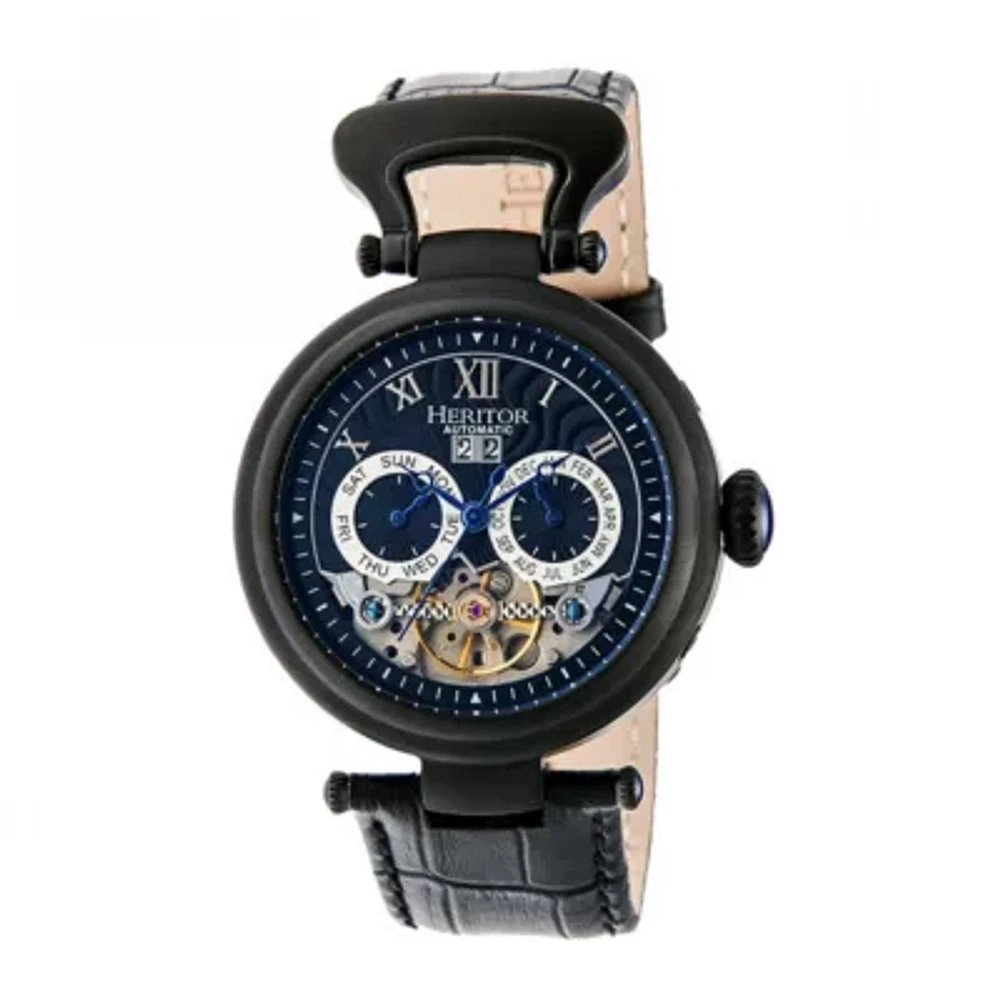 Heritor Automatic Ganzi Mens Leather Day&Date-Black/Navy Watches