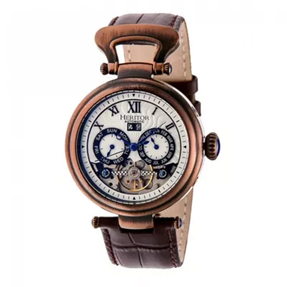 Heritor Automatic Ganzi Mens Leather Day&Date-Bronze/Silver Watches