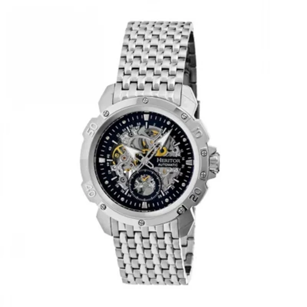 Heritor Automatic Carter Mens Skeleton Dial Bracelet Watch-Silver Tone/Black Watch