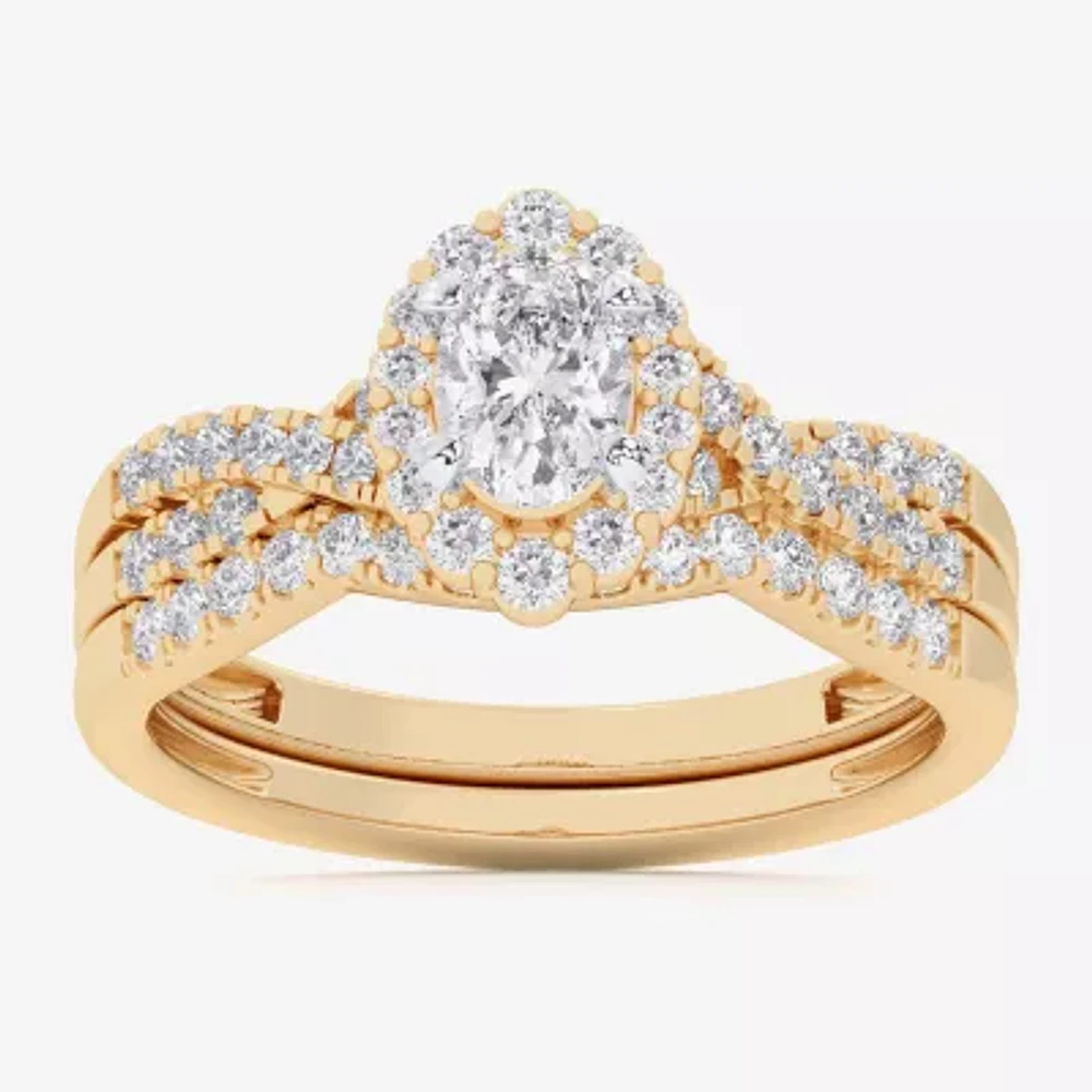 (G-H / Si1-Si2) Womens 7/8 CT. T.W. Lab Grown White Diamond 10K Gold Oval Side Stone Halo Bridal Set