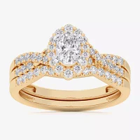 (G-H / Si1-Si2) Womens 7/8 CT. T.W. Lab Grown White Diamond 10K Gold Oval Side Stone Halo Bridal Set