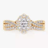 (G-H / Si1-Si2) Womens 7/8 CT. T.W. Lab Grown White Diamond 10K Gold Oval Side Stone Halo Bridal Set