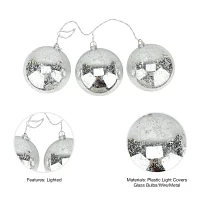 Set of 3 Lighted Silver Mercury Glass Finish Ball Christmas Ornaments - Clear Lights