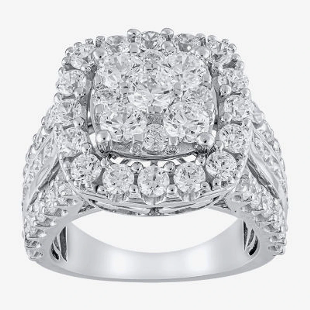 (G/Si2) Womens 4 CT. T.W. Lab Grown White Diamond 10K Gold Cushion Halo Side Stone Cocktail Ring