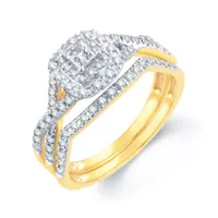 Womens 1/2 CT. T.W. Natural White Diamond 14K Gold Cushion Side Stone Halo Bridal Set