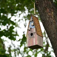 Glitzhome 12.4 Inch Height Wooden Patriotic Distressed Garden Birdhouse with Stars