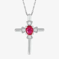 Womens Lab Created Red Ruby Sterling Silver Cross Pendant Necklace