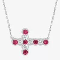 Sideways Womens Lab Created Red Ruby Sterling Silver Cross Pendant Necklace