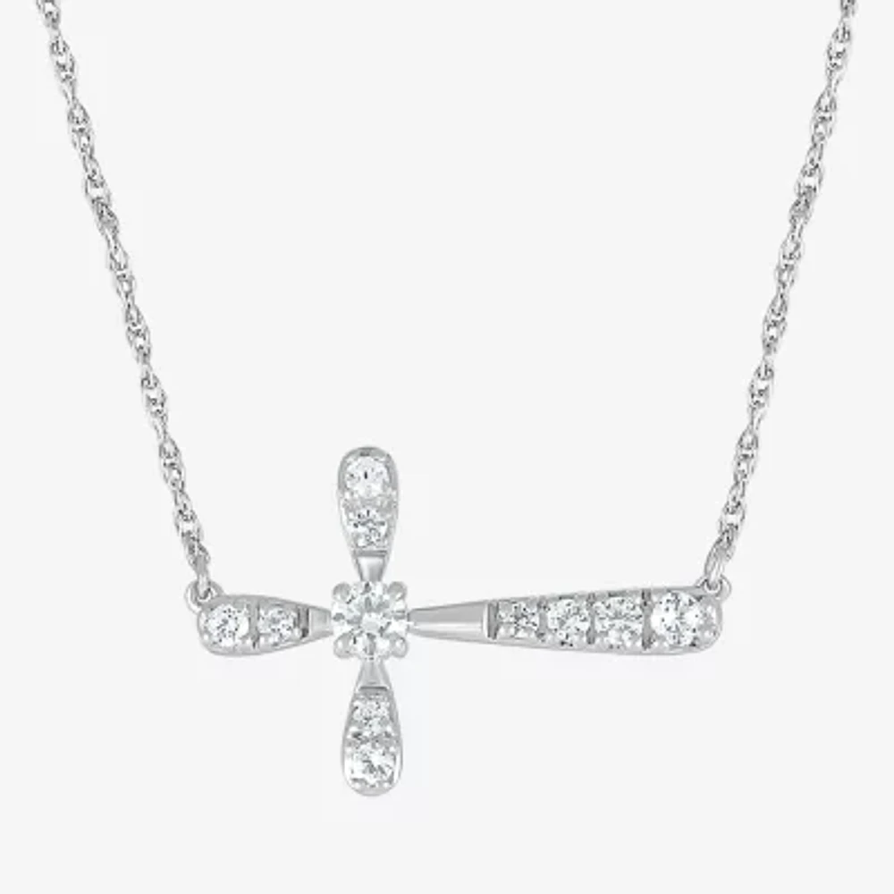 Sideways Womens Lab Created White Sapphire Sterling Silver Cross Pendant Necklaces