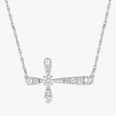 Sideways Womens Lab Created White Sapphire Sterling Silver Cross Pendant Necklaces
