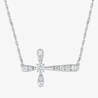 Sideways Womens Lab Created White Sapphire Sterling Silver Cross Pendant Necklace