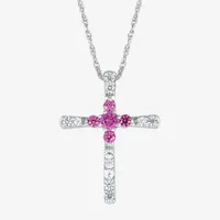 Womens Lab Created Sapphire Sterling Silver Cross Pendant Necklace