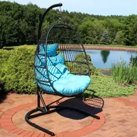 Julia Hanging Egg Chair with Blue Cushion and Stand