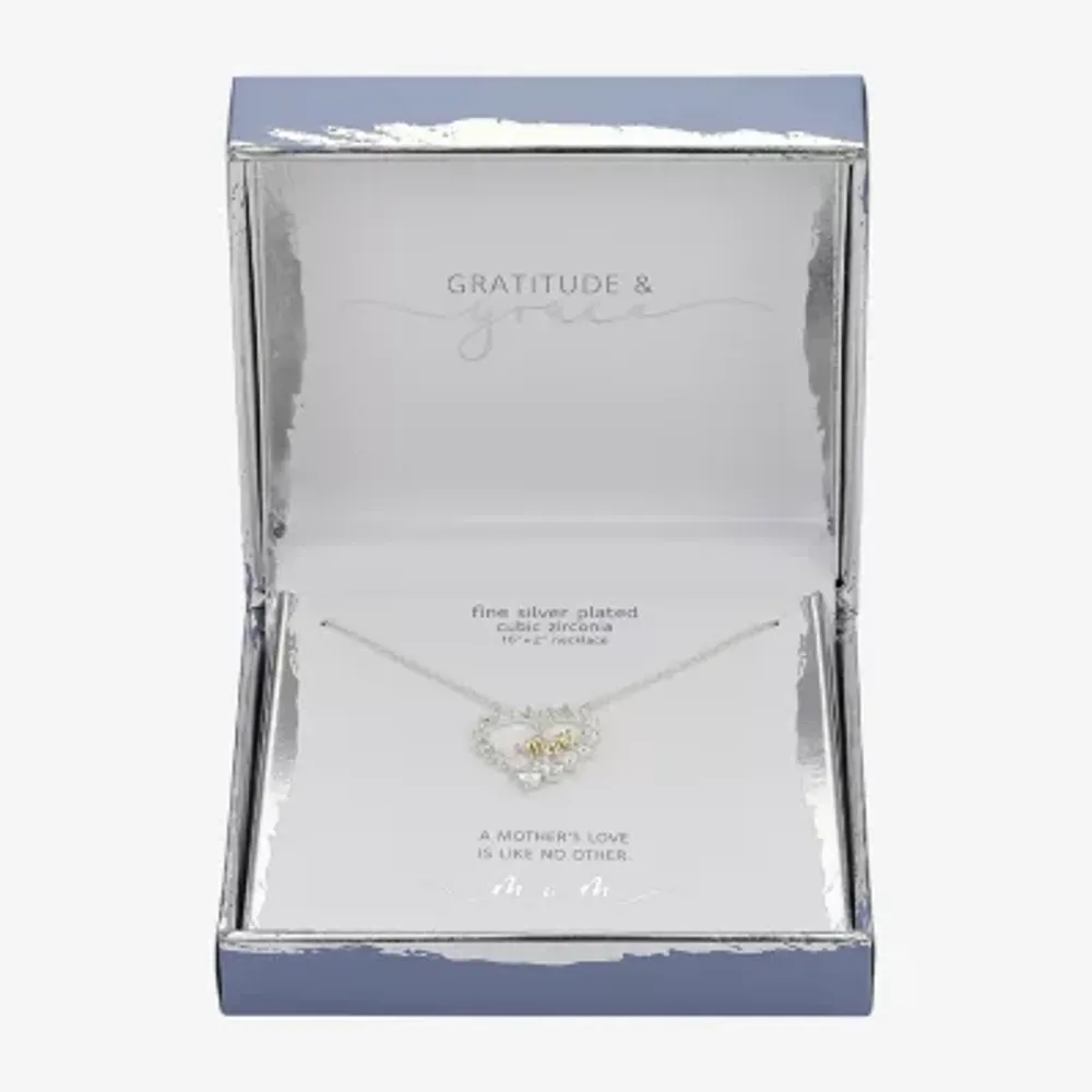 Gratitude & Grace Mom Cubic Zirconia Pure Silver Over Brass 16 Inch Box Heart Pendant Necklace