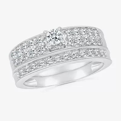 5.00mm Unisex Adult 1 CT. T.W. Natural White Diamond 10K White Gold Round Side Stone Wedding Ring Sets