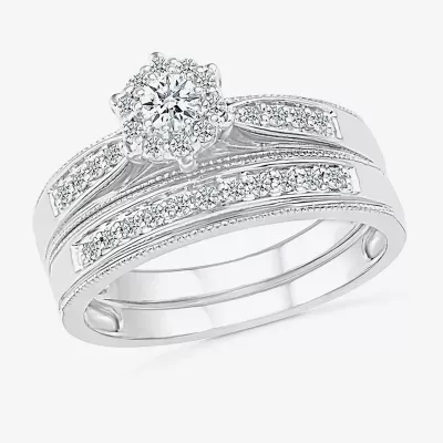 6.00mm Unisex Adult 1/2 CT. T.W. Natural White Diamond 10K White Gold Round Halo Side Stone Ring Sets