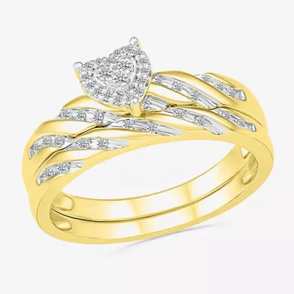 3.65mm Unisex Adult 1/5 CT. Natural White Diamond 10K Gold Heart Halo Side Stone Ring Set