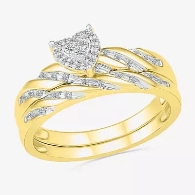 3.65mm Unisex Adult 1/5 CT. Natural White Diamond 10K Gold Heart Halo Side Stone Ring Set