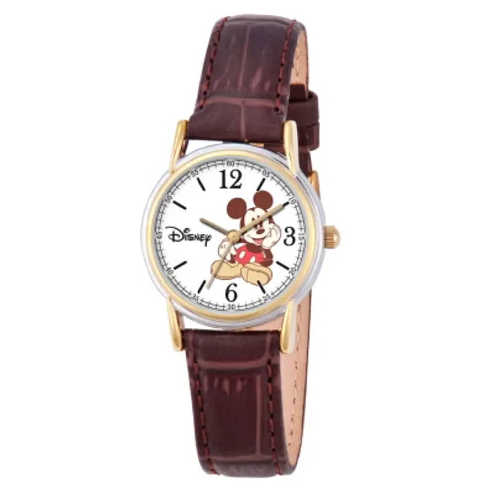 Disney Mickey Mouse Womens Brown Leather Strap Watch W000551