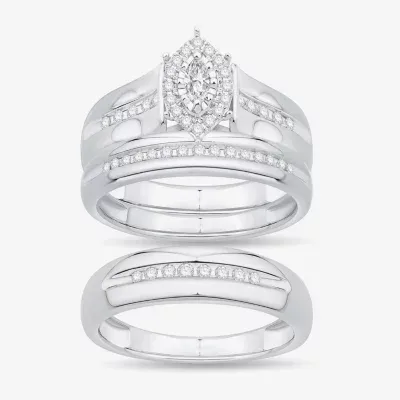 Unisex Adult 3/8 CT. T.W. Natural White Diamond 10K White Gold Marquise Halo Side Stone Ring Sets