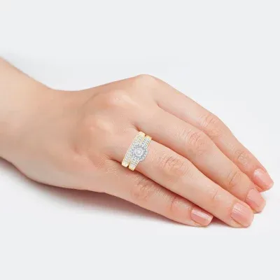 Unisex Adult 1/2 CT. T.W. Mined White Diamond 10K Gold Cushion Halo Side Stone Ring Sets