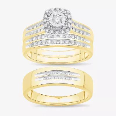 Unisex Adult 1/2 CT. T.W. Natural White Diamond 10K Gold Cushion Halo Side Stone Ring Set