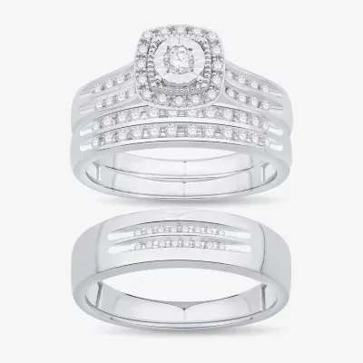 Unisex Adult 1/2 CT. T.W. Natural White Diamond 10K White Gold Cushion Halo Side Stone Ring Sets