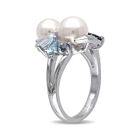 Cultured Freshwater Pearl, Genuine London and Sky Blue Topaz Ring