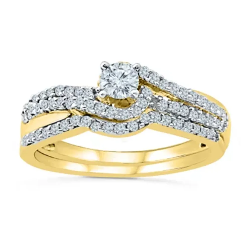 Womens 1/2 CT. T.W. Mined White Diamond 10K Gold Round Side Stone Bypass  Bridal Set