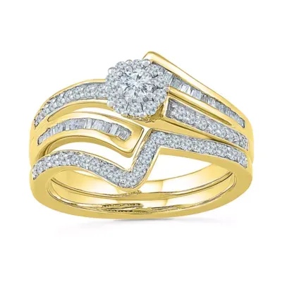 Womens 1 CT. T.W. Natural White Diamond 10K Gold Round Side Stone Bridal Set