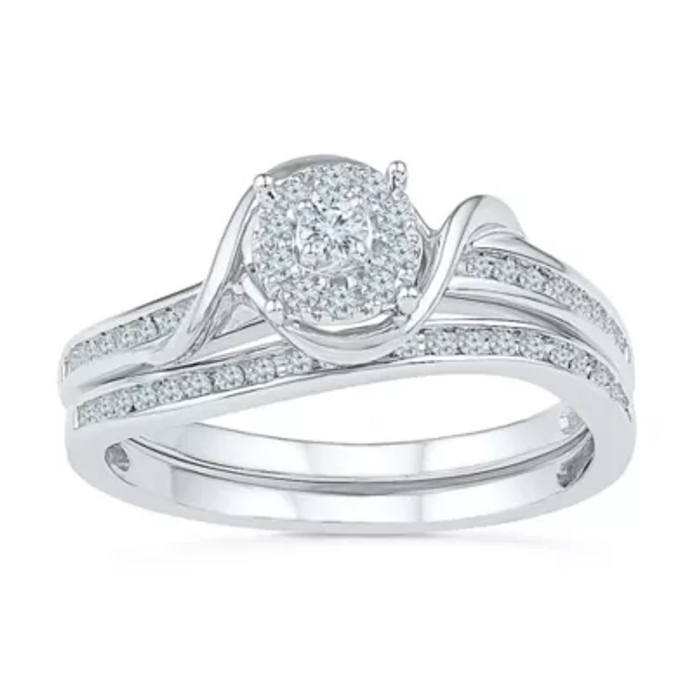 Promise My Love Womens 1/ CT. T.W. Natural White Diamond Sterling Silver Round Side Stone Halo Ring