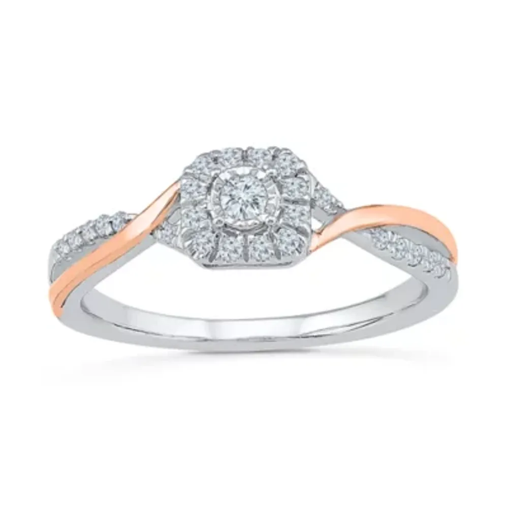 Promise My Love Womens 1/5 CT. Natural White Diamond 10K Rose Gold Sterling Silver Cushion Bypass Halo Ring