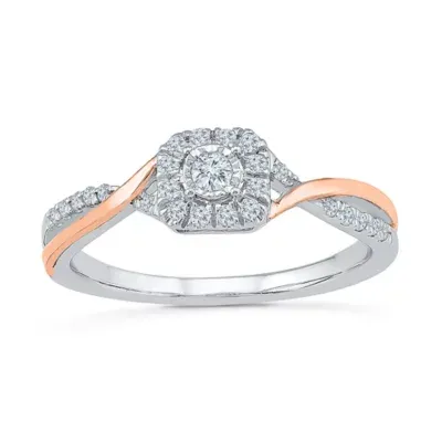 Promise My Love Womens 1/5 CT. Natural White Diamond 10K Rose Gold Sterling Silver Cushion Bypass  Halo Ring