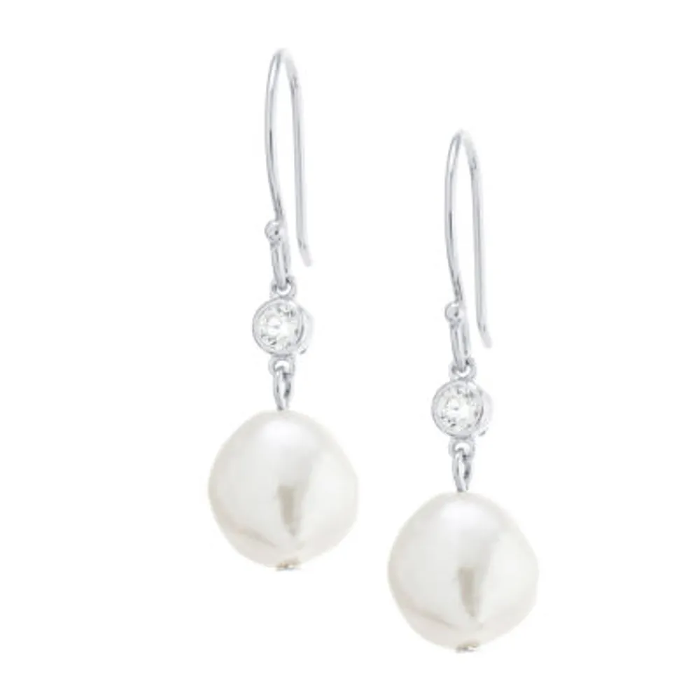 Silver Treasures Cubic Zirconia Cultured Freshwater Pearl Sterling Silver Drop Earrings