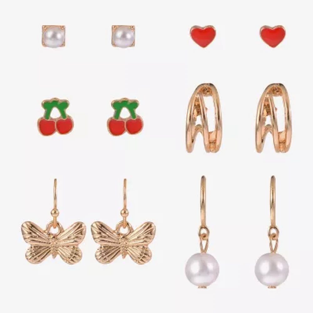 Arizona Gold Tone Butterfly Cherries Heart 6 Pair Earring Set