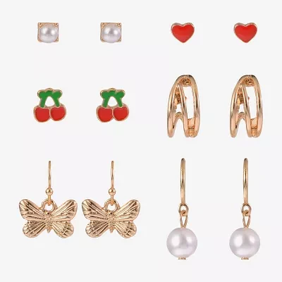 Arizona Gold Tone Butterfly Cherries Heart 6 Pair Earring Set